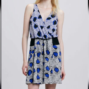 Diane von Furstenberg Oblixe Blue Cheetah Faux Wrap Sleeveless Silk Dress S 6